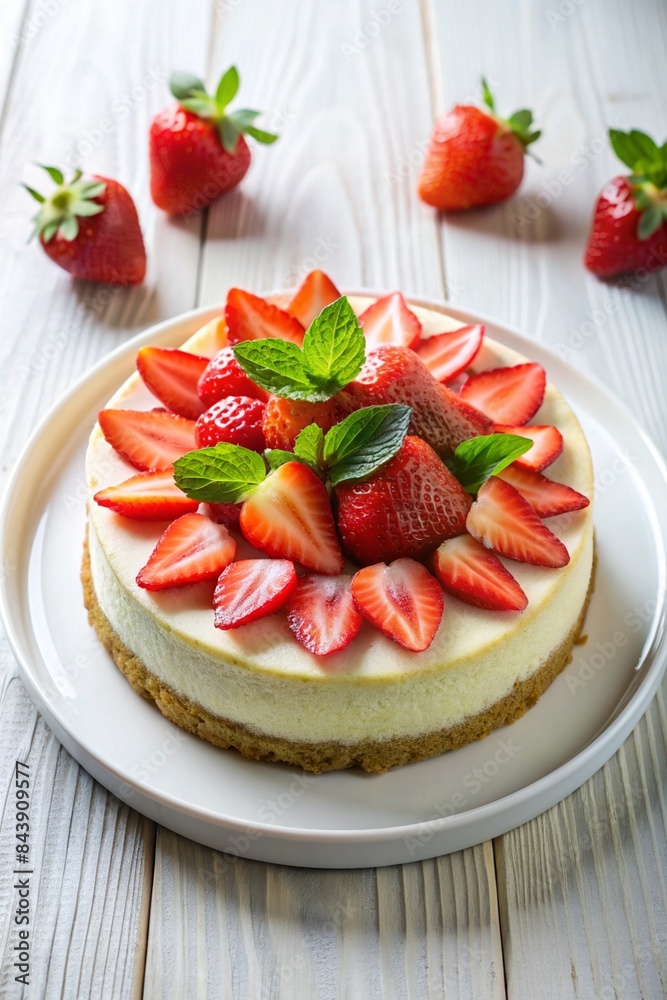 A white plate with tasty strawberry cheesecake on white table A white plate with tasty strawberry cheesecake on white table