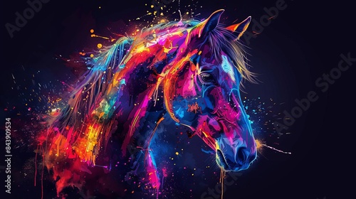 neon horse black background pop art Illustration of a horse in neon colors on a black background in the pop art style and splatters of watercolor paint