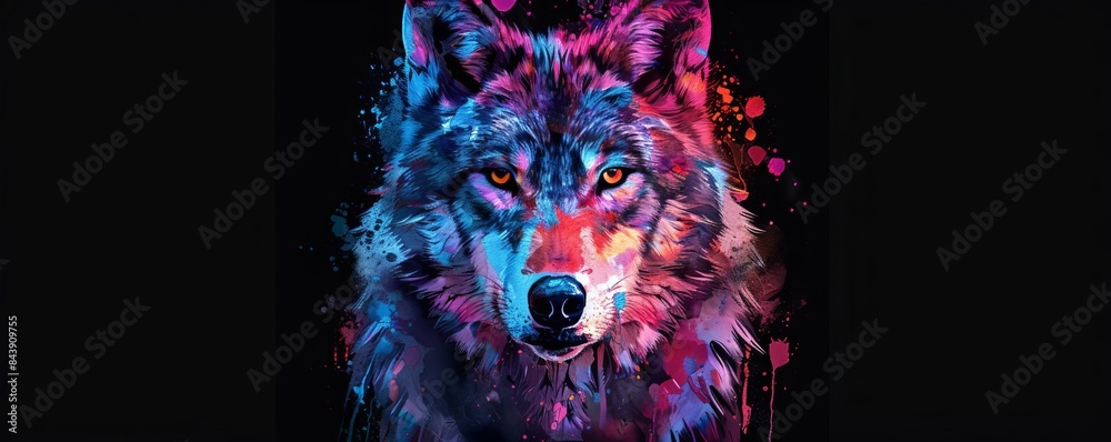 Fototapeta neon owl black background pop art Illustration of an owl in neon colors on a black background in the pop art style and splatters of watercolor paint