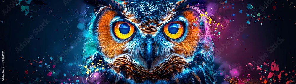 neon owl black background pop art Illustration of an owl in neon colors on a black background in the pop art style and splatters of watercolor paint neon owl black background pop art Illustration of an owl in neon colors on a black background in the pop art style and splatters of watercolor paint