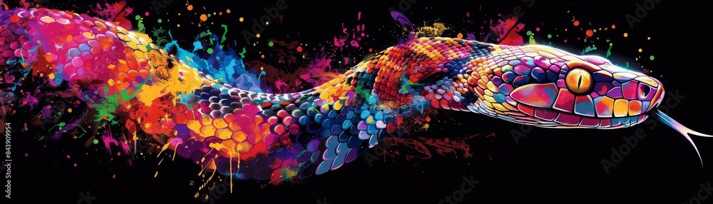 neon snake black background pop art Illustration of a snake in neon colors on a black background in the pop art style and splatters of watercolor paint