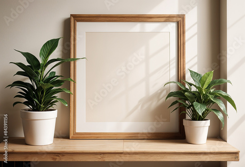 A wooden frame with a blank white canvas or poster on a wooden shelf mock up decorate