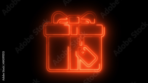 Neon Glowing Gift Box with Tag in Red and Green – Bright Festive Illuminated Sign on Black Background, Ideal for Holiday Greetings, Digital Cards