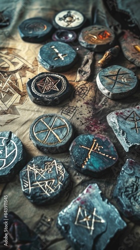 A close up of a table with a lot of different types of rocks, divination