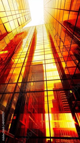 An upward view of modern skyscrapers with reflective glass facades. The buildings are bathed in a yellow and red tone, creating an abstract and dynamic urban scene that emphasizes the architecture.