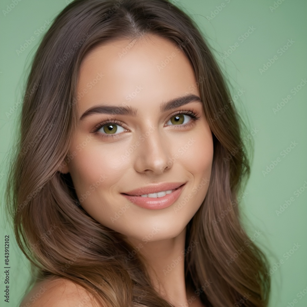 Pretty european beauty woman long hair with makeup glowing face and healthy facial skin portrait smile on isolated light green background Pretty european beauty woman long hair with makeup glowing face and healthy facial skin portrait smile on isolated light green background