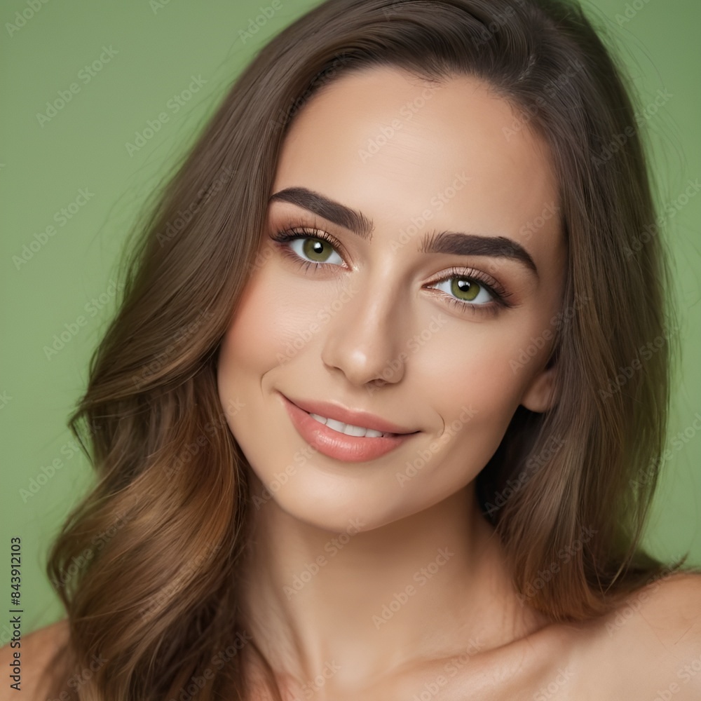 Pretty european beauty woman  long hair with makeup glowing face and healthy facial skin portrait smile on isolated light green background