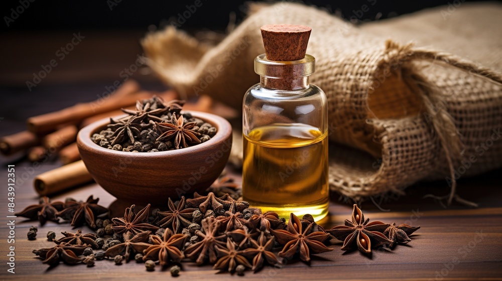 anise essential oil on burlap background anise essential oil on burlap background