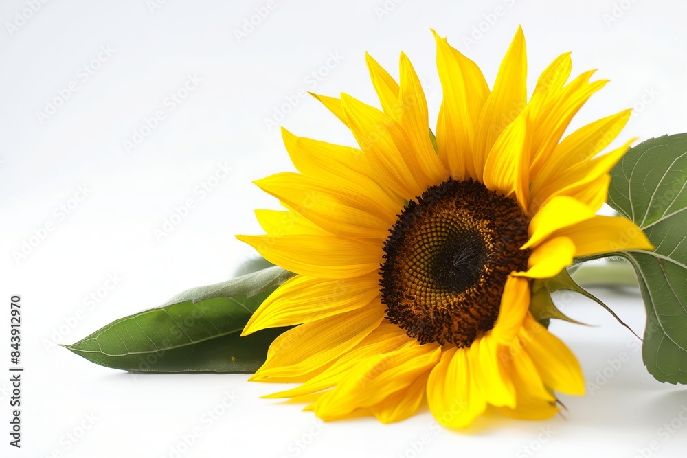 Naklejka premium real sunflower with leaves isolated on white background