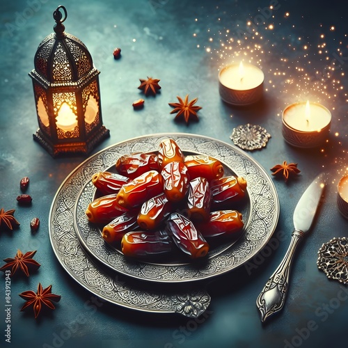 only one plate of Dates on white background