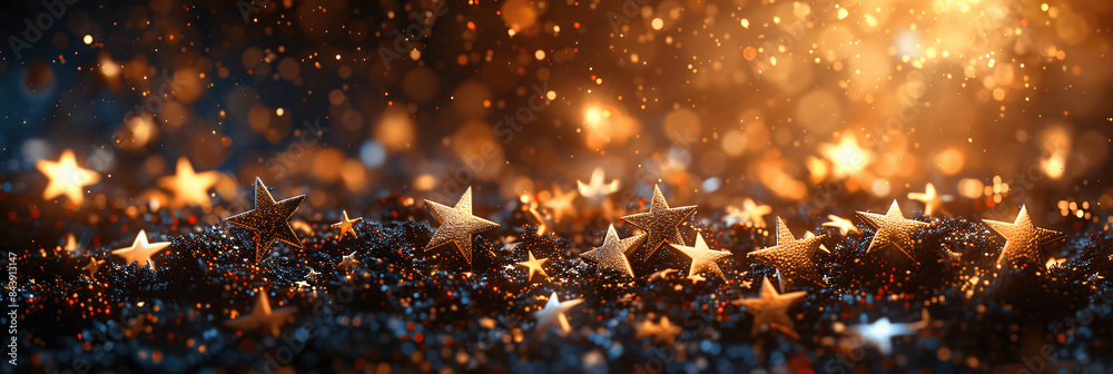 Naklejka premium Golden Stars and Glittering Lights on Shimmering Surface - Festive Holiday Celebration Background