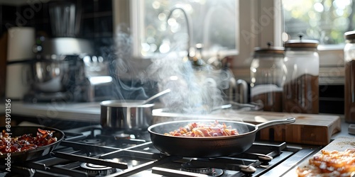 Bustling kitchen emanating the tempting smell of sizzling bacon and brewing coffee. Concept Food Photography, Morning Rituals, Breakfast Scenes, Aromas of Cooking, Culinary Delights