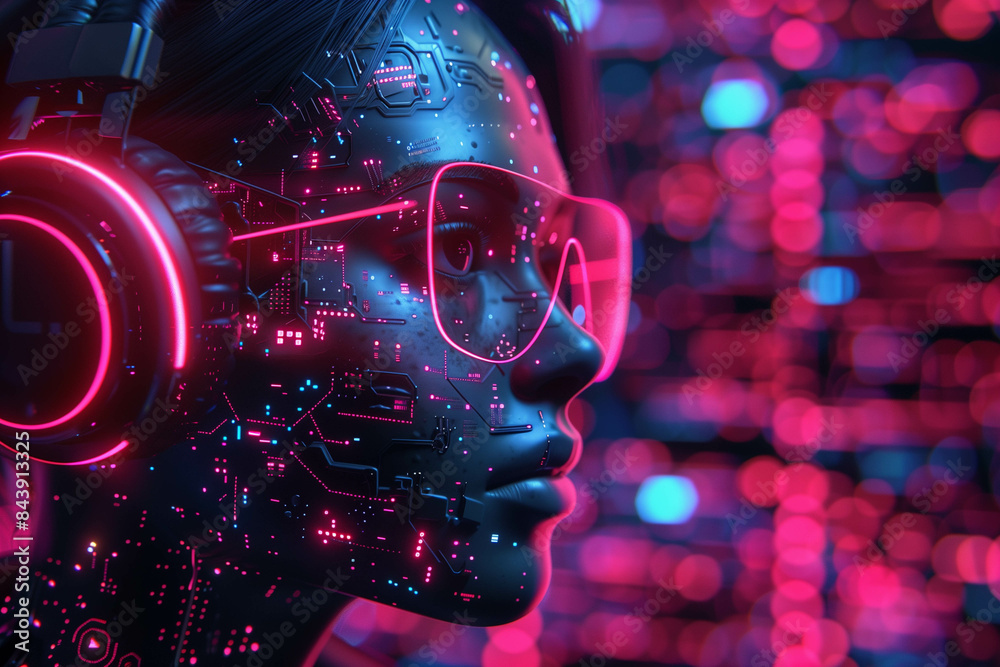 3D rendering, digital art style, poster design, colorful glowing lines and circuit patterns on the head of an artificial intelligence robot wearing headphones in profile against a dark background. 3D rendering, digital art style, poster design, colorful glowing lines and circuit patterns on the head of an artificial intelligence robot wearing headphones in profile against a dark background.
