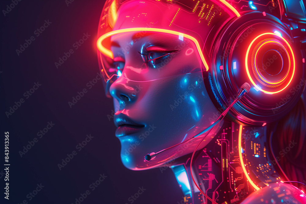 3D rendering, digital art style, poster design, colorful glowing lines and circuit patterns on the head of an artificial intelligence robot wearing headphones in profile against a dark background. 3D rendering, digital art style, poster design, colorful glowing lines and circuit patterns on the head of an artificial intelligence robot wearing headphones in profile against a dark background.
