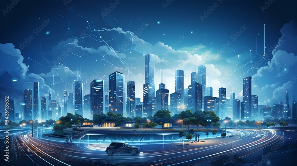 Fototapeta premium A cityscape with busy traffic under cloudy skies.