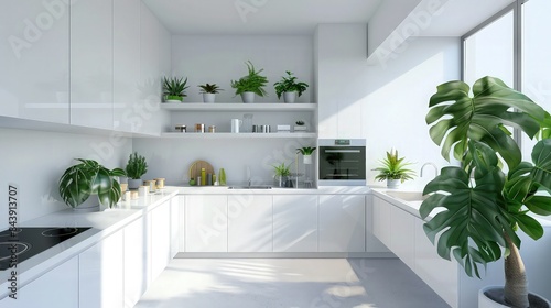 Minimalist kitchen with high-gloss surfaces and streamlined design  accented by scattered potted green plants on open shelving and a large monstera beside the breakfast nook.