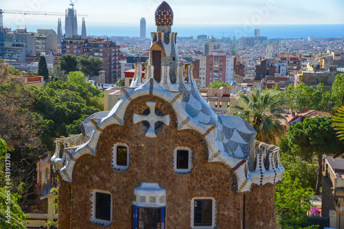 Park Güell located on Carmel Hill, in Barcelona. Vibrantly colored tiles