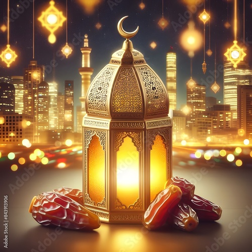 Muslim holiday of Ramadan Kareem, a golden lantern and dates fruit are displayed against a night sky and city background lit by bokeh lights.4