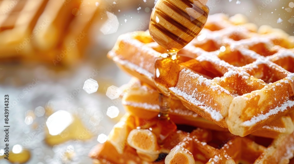 Pile of waffles drizzled with honey and sugar on a white surface Pile of waffles drizzled with honey and sugar on a white surface