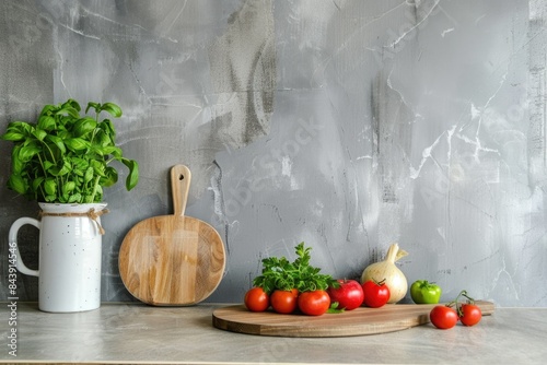 Tomatoes, basil, garlic, and garlic on a cutting board photo