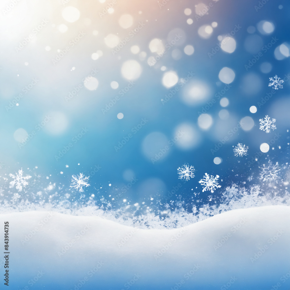 Winter snowfall scene with blurry white lights and blue sky Winter snowfall scene with blurry white lights and blue sky