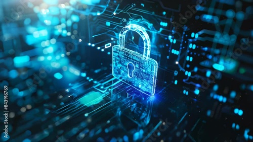 glowing blue neon lock icon on digital circuit board background, illustrating cyber security and data protection concepts, technology, digital security and IT infrastructure 