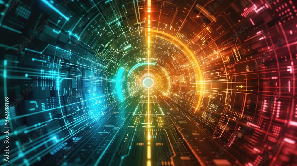 Technology long pipe hallway time travel with digital neon cyber light Background wallpaper AI generated image Technology long pipe hallway time travel with digital neon cyber light Background wallpaper AI generated image