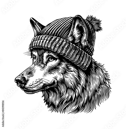 wolf, wears beanie hat engraving black and white outline