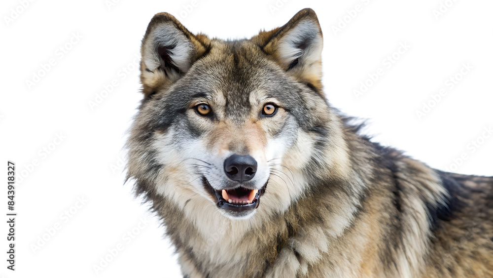 Fototapeta premium a wolf with its face obscured by a blurred rectangle. The wolf has erect, pointed ears and fur in shades of brown, black, and white
