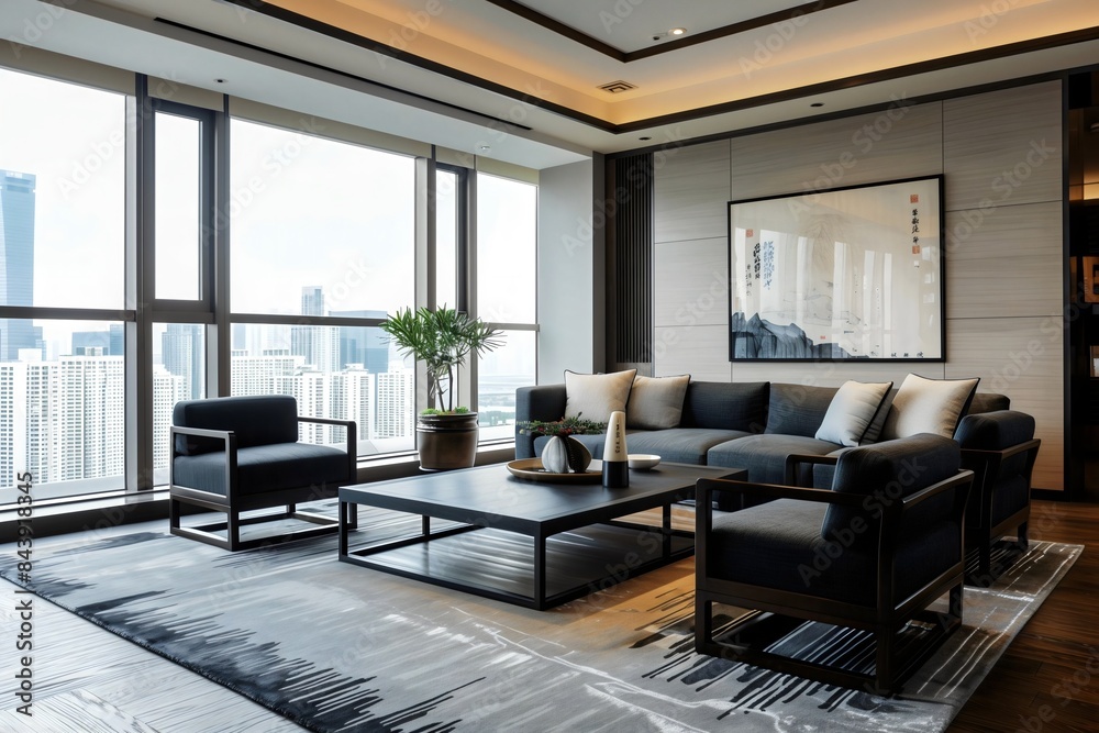 Fototapeta premium Contemporary Chinese style living room city view, white interior design and modern grey furnishings