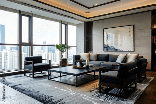 Contemporary Chinese style living room city view, white interior design and modern grey furnishings