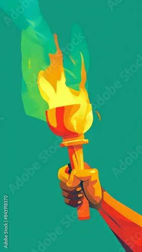 burning flame torch in man hand on green background, animated Sport flat style games victory symbol, Winner abstract sign