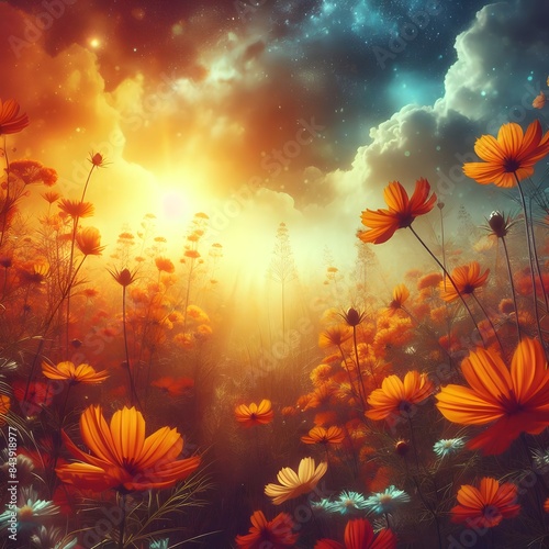 Fantastic picture background with orange and yellow flower meadow.