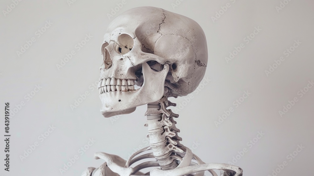 A skeleton artfully displayed against a clean white backdrop A skeleton artfully displayed against a clean white backdrop