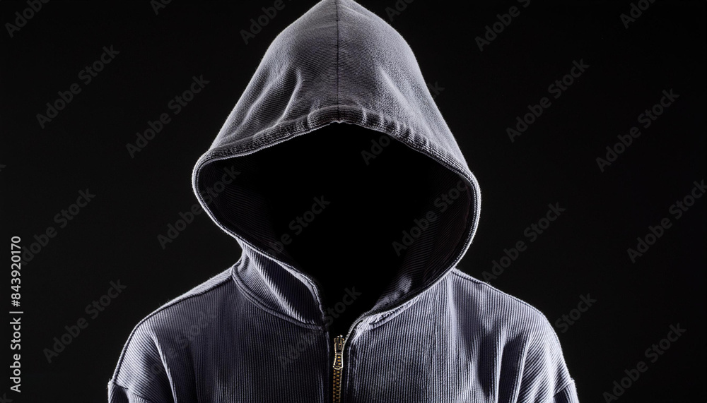person without a face in a hooded gray jacket on a black background person without a face in a hooded gray jacket on a black background