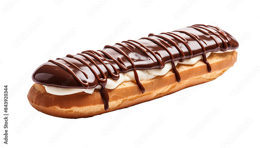 A Single Eclair Drizzled With Chocolate, a Classic French Pastry Delight A Single Eclair Drizzled With Chocolate, a Classic French Pastry Delight