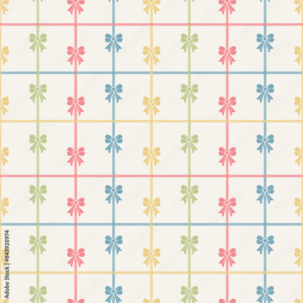 Obraz premium Seamless pattern in pastel colours with ribbons and stripes running criss cross. Great for wrapping paper, textiles, fashion, quirky clothing, kids, home decor, greeting cards, backgrounds 
