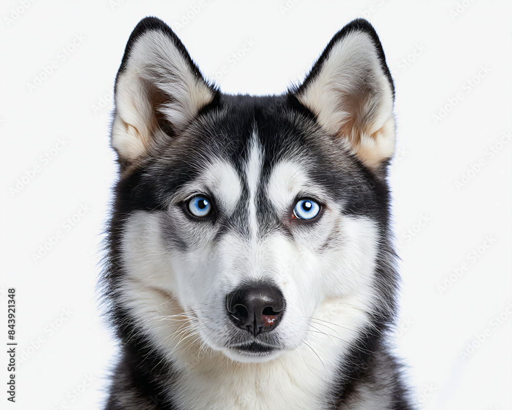 This image showcases a Siberian Husky with striking blue eyes and a black-and-white coat. Its piercing gaze and erect ears reflect its alert and intelligent demeanor This image showcases a Siberian Husky with striking blue eyes and a black-and-white coat. Its piercing gaze and erect ears reflect its alert and intelligent demeanor