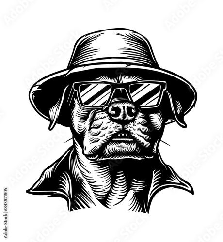 pitbull, wears retro mafia hat and sunglasses engraving black and white outline
