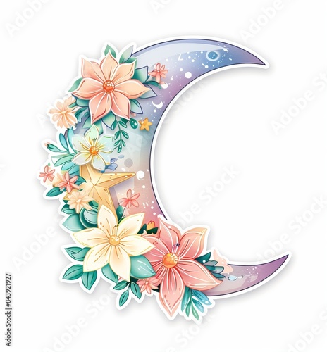 Whimsical Night Sky Sticker with Floral Accents for Creative Projects Generative AI