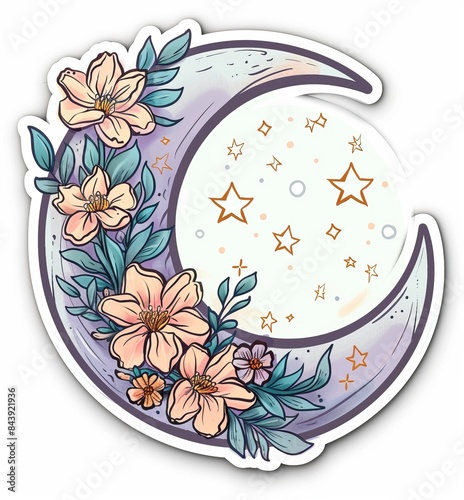 Whimsical Night Sky Sticker with Floral Accents for Creative Projects Generative AI