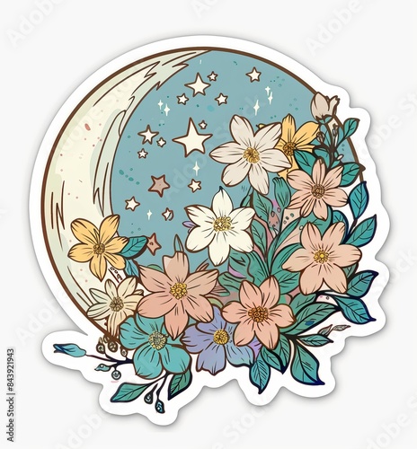 Whimsical Night Sky Sticker with Floral Accents for Creative Projects Generative AI
