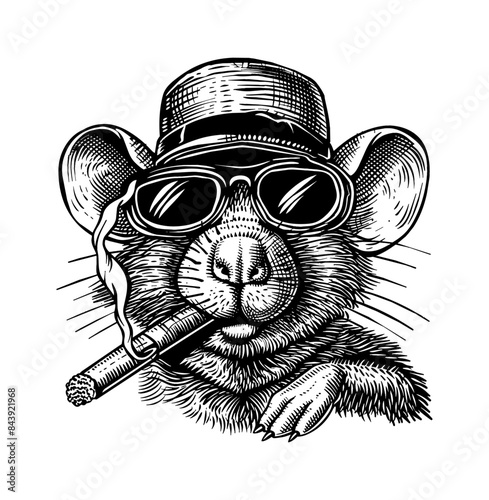 mouse, wears retro hat and smoking cigar engraving black and white outline