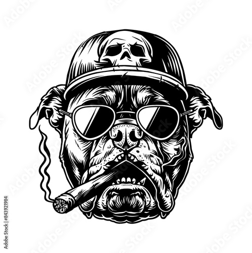 pitbull, wears retro hat and smoking cigar engraving black and white outline