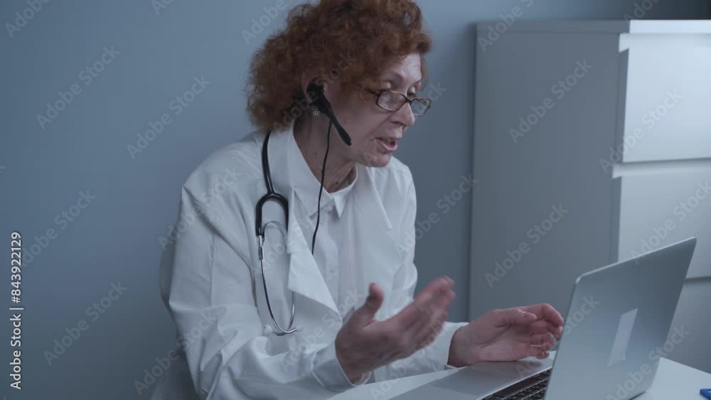 Middle aged woman general practitioner have video call with colleagues in office. Doctor talking with patient during virtual medical appointment. Physician talk by online webcam video call on laptop. Middle aged woman general practitioner have video call with colleagues in office. Doctor talking with patient during virtual medical appointment. Physician talk by online webcam video call on laptop.