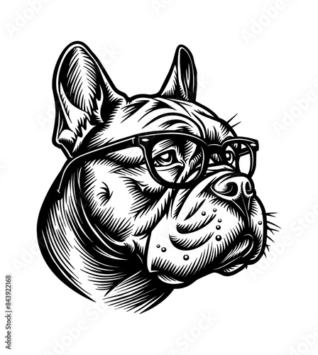 pitbull, wears black framed eyeglasses engraving black and white outline