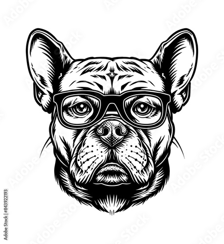 pitbull, wears black framed eyeglasses engraving black and white outline