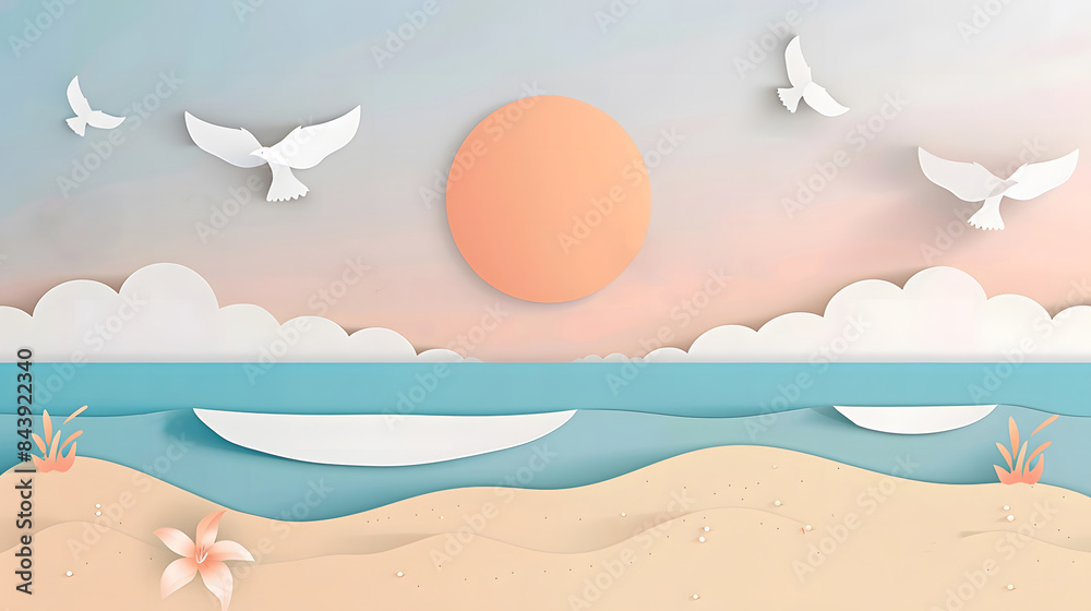 Simple paper-cut summer beach background with orange sun, blue ocean, birds, and clouds. Simple paper-cut summer beach background with orange sun, blue ocean, birds, and clouds.