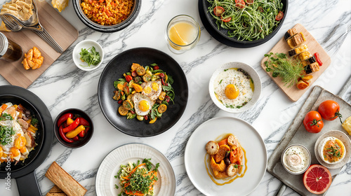 An appetizing top-down view of a modern kitchen table set with a vibrant and diverse array of dishes