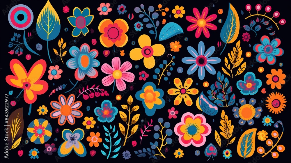 custom made wallpaper toronto digitalHippie flowers set. Hippy style blossoms, retro vintage hand drawn decorative elements,
